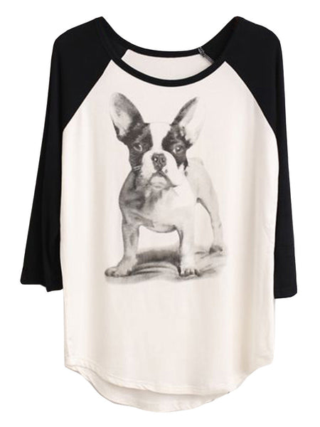 Black Dog Print T-shirt With 3/4 Sleeve